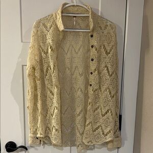 Free People Ivory Crochet Lace Top with Button Accent